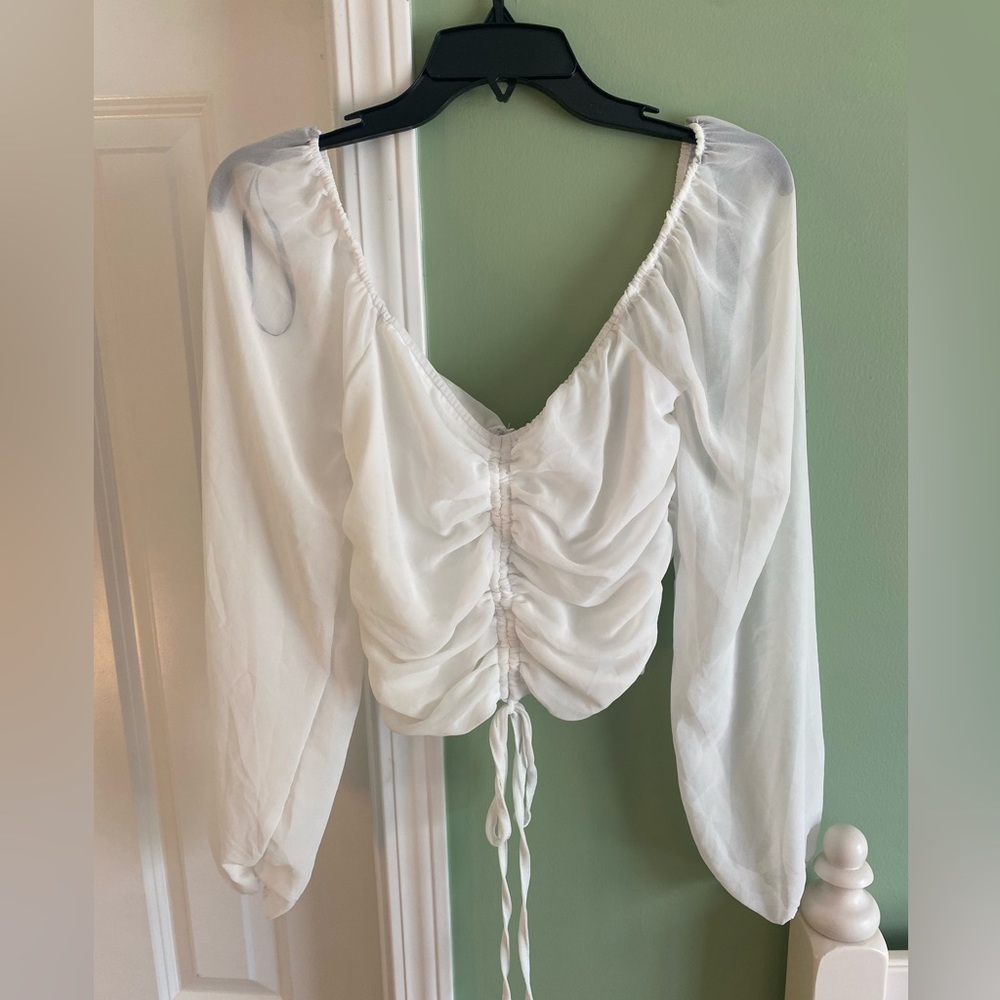 white balloon sleeve ruched longsleeve top - Picture 3 of 4